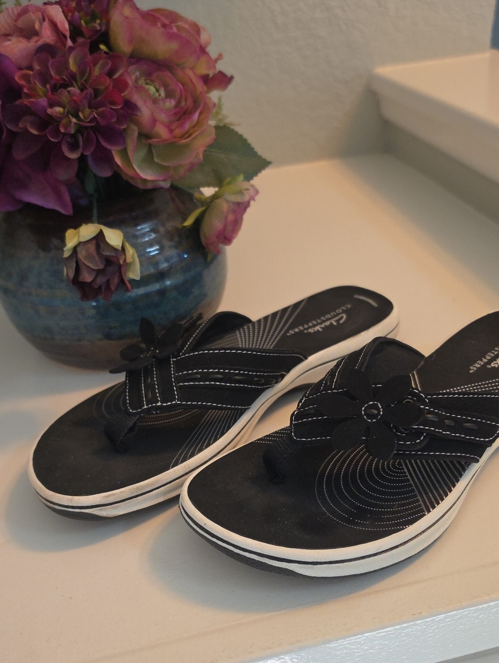 Cloudsteppers by Clarks Black Floral Slip-On Sandals